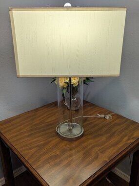 28" Coastal Fillable Glass Cylinder steel Table Lamp with rectangular shade